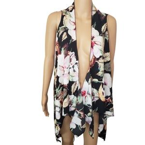 Black Floral Hawaiian Coverup Duster Vest Long‎ Hankerchief  One Size